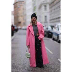 NA-KD Longline Boucle Wool‎ Blend Coat Hot Pink Oversized Single Button Size 36